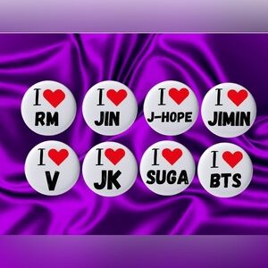 I Love BTS, K-pop, Bangtan Pushpins Button Set of 8, 2.25”
